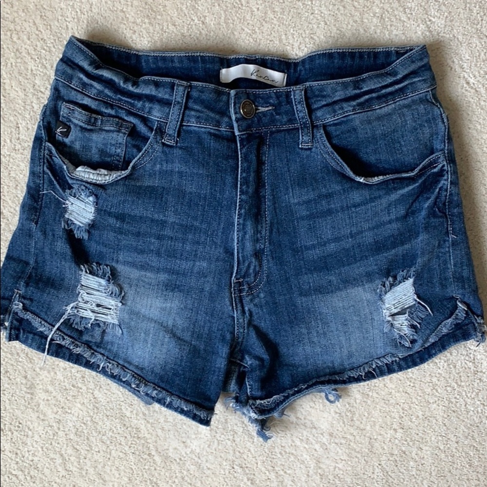 Blue high rise ripped jean shorts